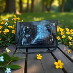 Brighton Vintage Black Croc Embossed Leather Tote